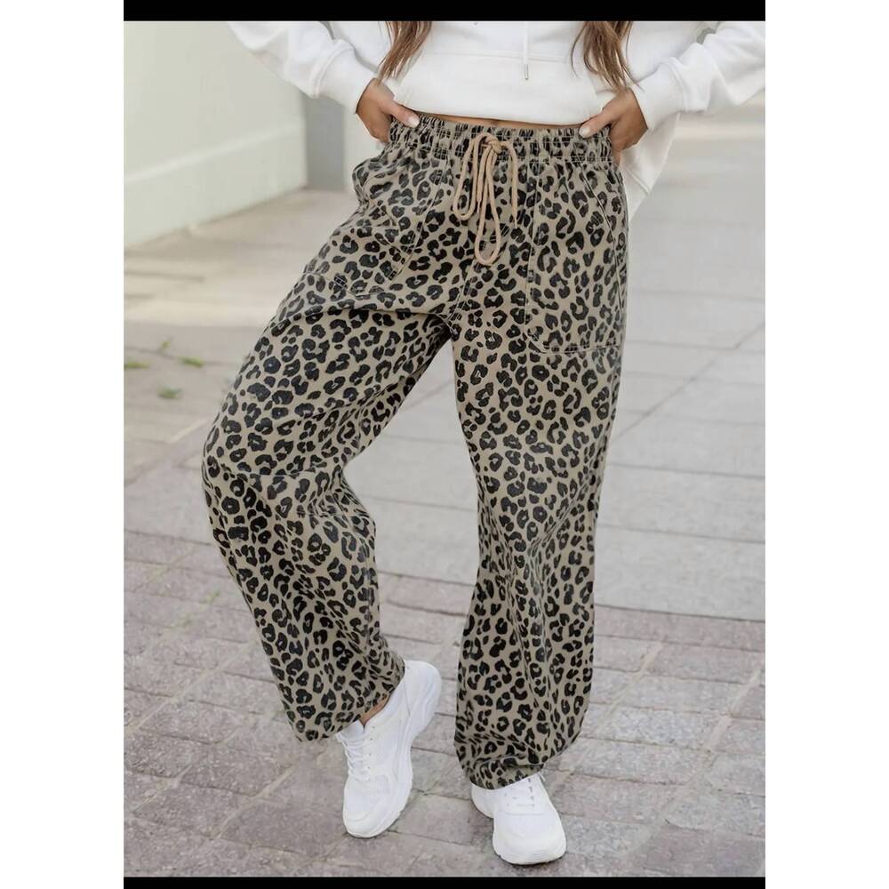NEW 1 THE WOMAN animal print joggers in khaki